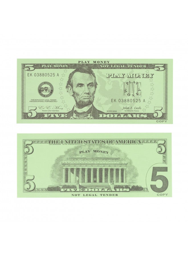 LEARNING ADVANTAGE Five Dollar Play Bills - Set of 100 $5 Paper Bills - Designed and Sized Like Real US Currency - Teach Currency, Counting and Math with Play Money - Image 1