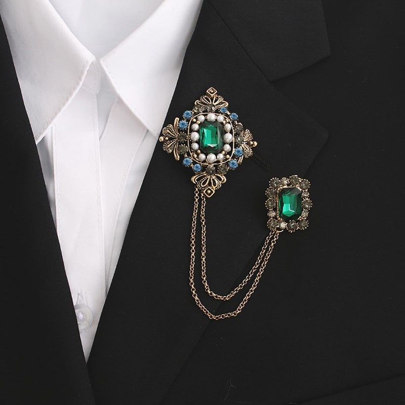 HANNEA® Double Chain Brooch for Men Women Vintage Metal Green Stone Sherwani Brooch Pins, Pearl Crystal Hanging Chain Saree Brooch for Coat Robe Gown Shawl Brooch Lapel Pin - Image 4