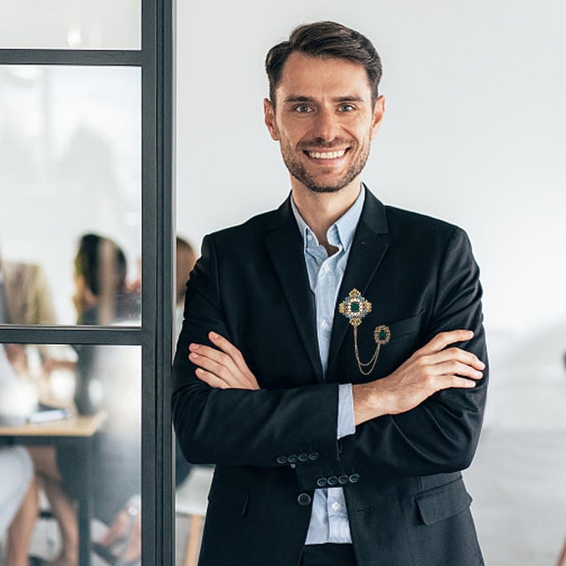 HANNEA® Double Chain Brooch for Men Women Vintage Metal Green Stone Sherwani Brooch Pins, Pearl Crystal Hanging Chain Saree Brooch for Coat Robe Gown Shawl Brooch Lapel Pin - Image 5