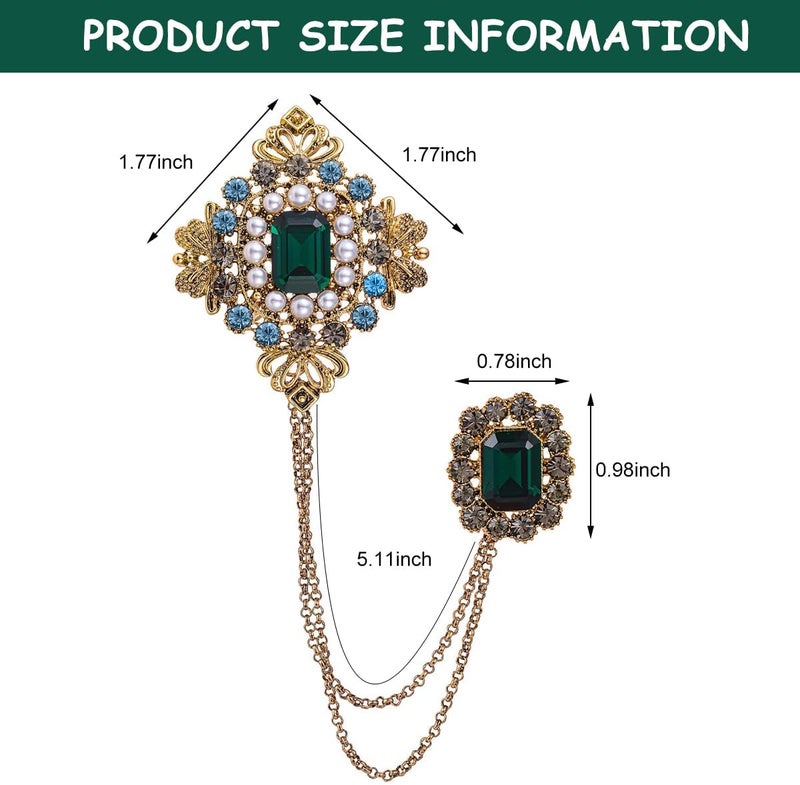 HANNEA® Double Chain Brooch for Men Women Vintage Metal Green Stone Sherwani Brooch Pins, Pearl Crystal Hanging Chain Saree Brooch for Coat Robe Gown Shawl Brooch Lapel Pin - Image 1