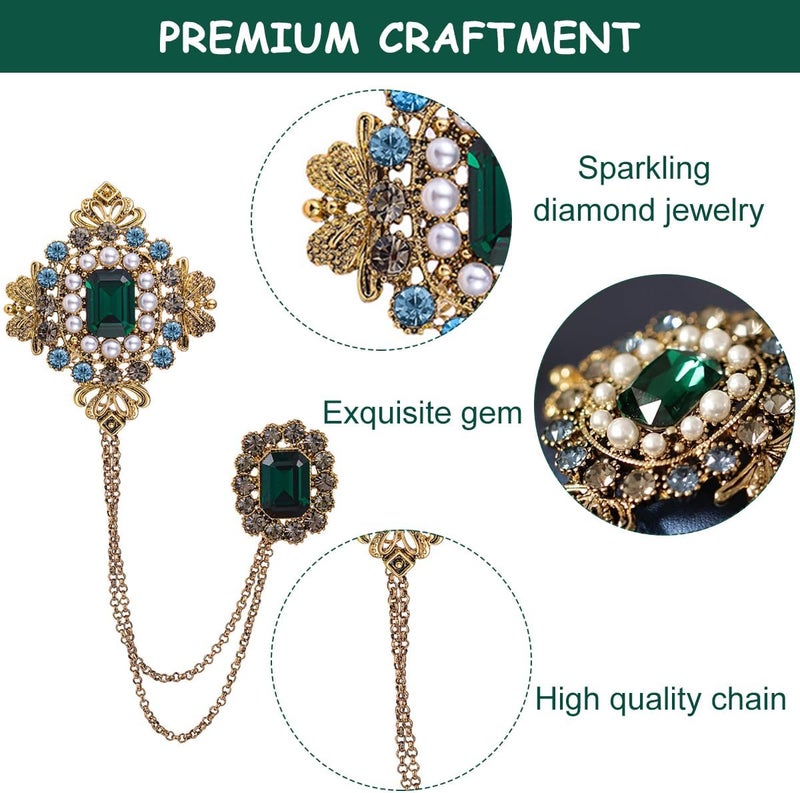 HANNEA® Double Chain Brooch for Men Women Vintage Metal Green Stone Sherwani Brooch Pins, Pearl Crystal Hanging Chain Saree Brooch for Coat Robe Gown Shawl Brooch Lapel Pin - Image 2