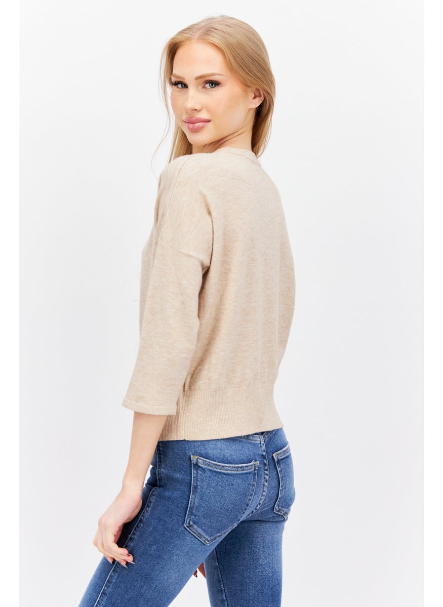 Etam - Women Crew Neck 3/4 Sleeve Solid Top, Beige - Image 1