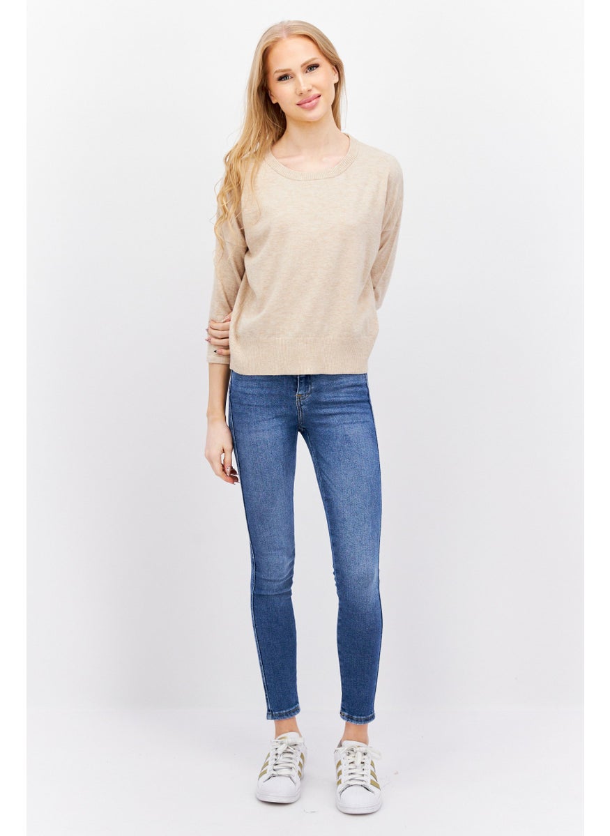 Etam - Women Crew Neck 3/4 Sleeve Solid Top, Beige - Image 1