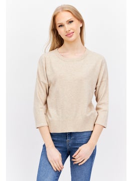 Women Crew Neck 3/4 Sleeve Solid Top, Beige