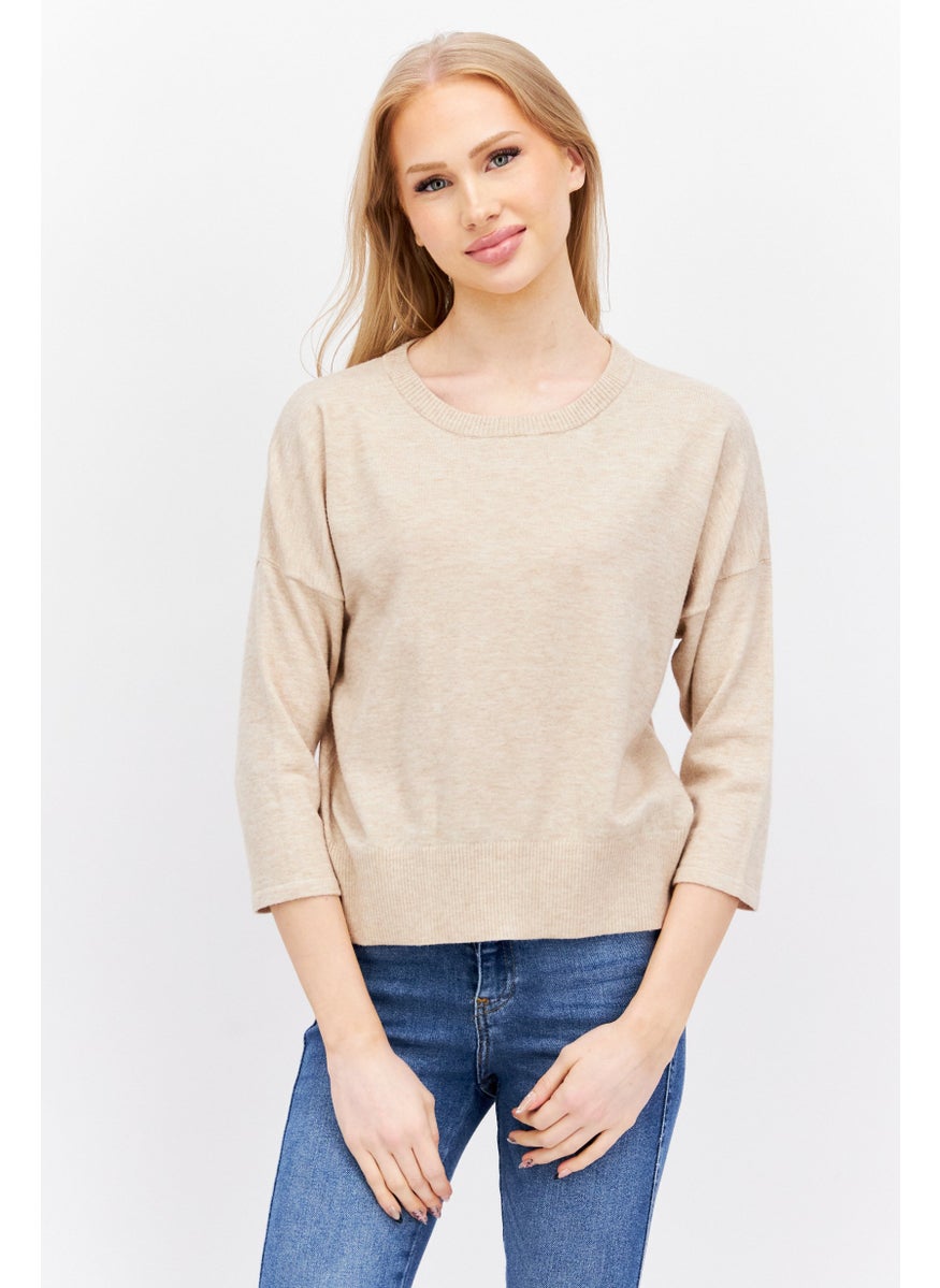 Etam - Women Crew Neck 3/4 Sleeve Solid Top, Beige - Image 1
