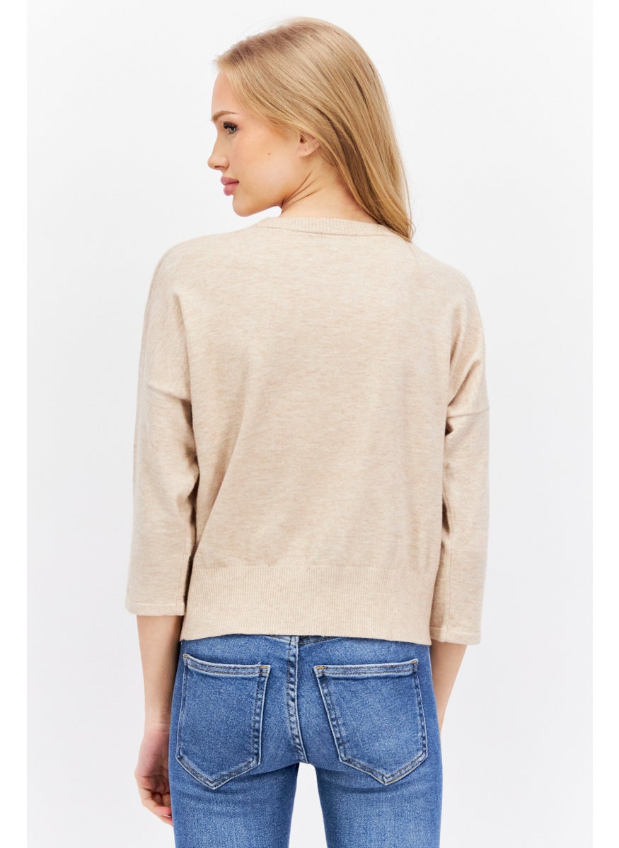 Etam - Women Crew Neck 3/4 Sleeve Solid Top, Beige - Image 1