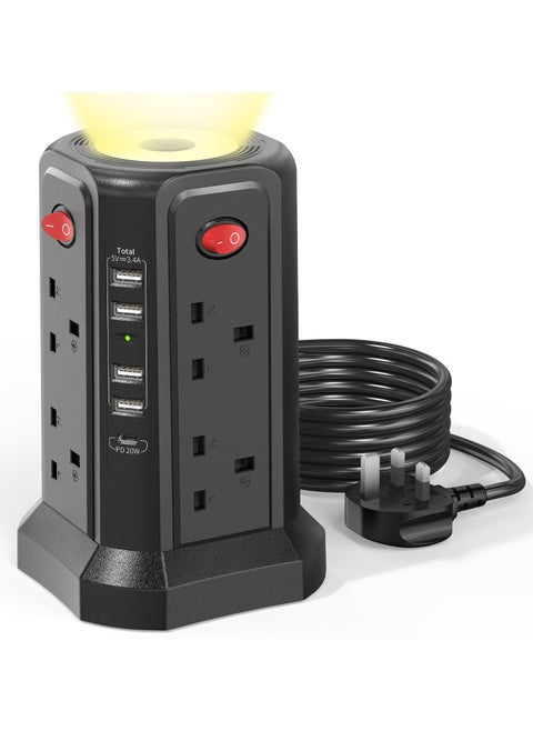 Surge Protector Power Strip, with 3m Cord 3250W|13A, Extension Tower with 4 USB Ports 1 Type C Port，4 Switch Buttons and Night Light, Outlet Tower with 8 AC Outlets Overload Protection, Power Strips Tower for Home Office