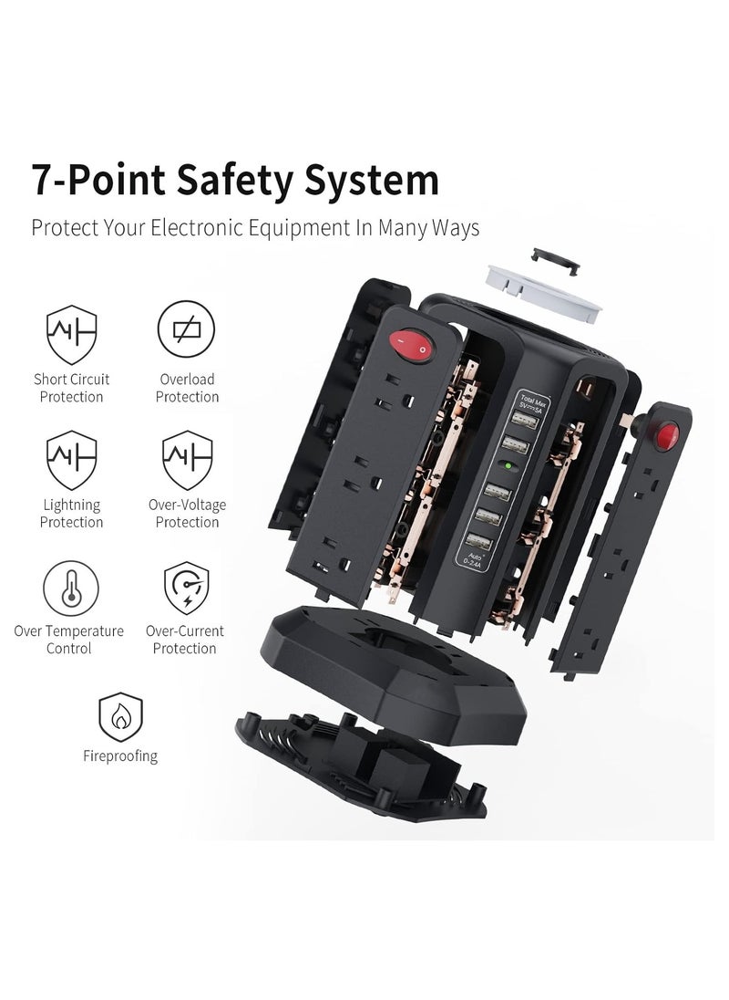 Surge Protector Power Strip, with 3m Cord 3250W|13A, Extension Tower with 4 USB Ports 1 Type C Port，4 Switch Buttons and Night Light, Outlet Tower with 8 AC Outlets Overload Protection, Power Strips Tower for Home Office