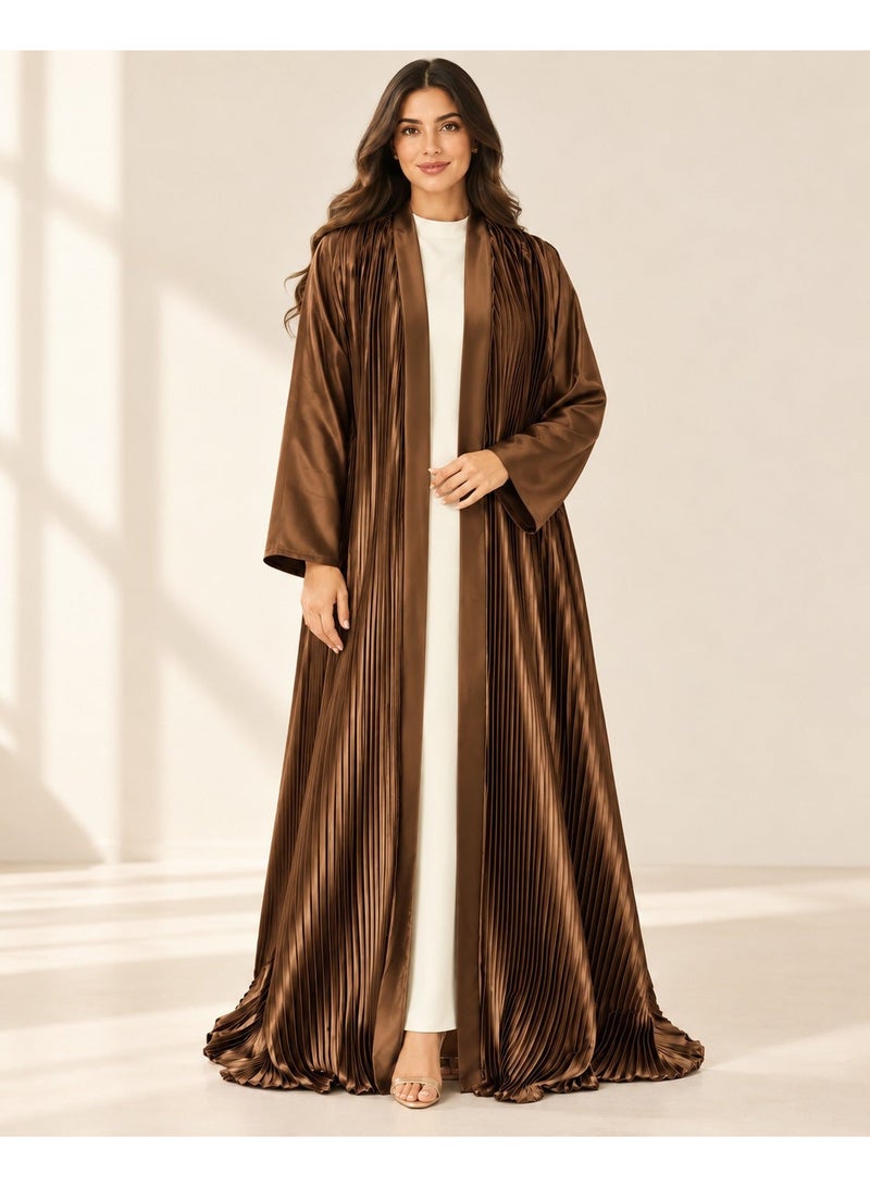 KAVALEE Women's Brown Pleated Satin Open Abaya with Front Band - Image 1