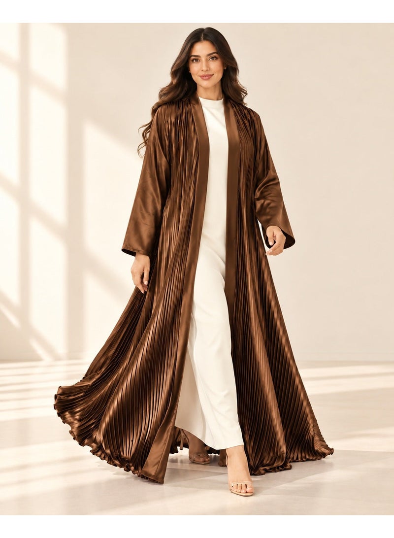 KAVALEE Women's Brown Pleated Satin Open Abaya with Front Band - Image 2