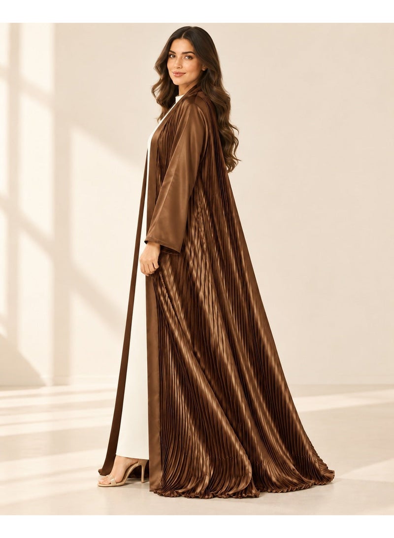 KAVALEE Women's Brown Pleated Satin Open Abaya with Front Band - Image 4