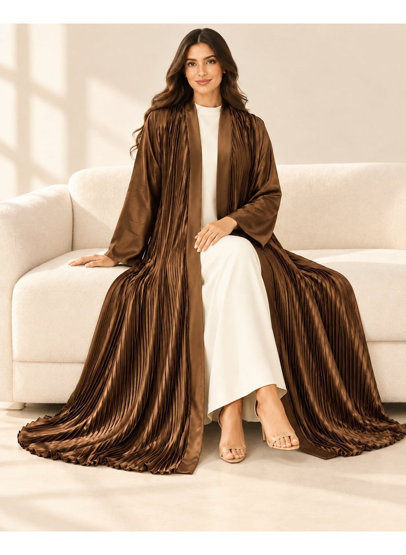 KAVALEE Women's Brown Pleated Satin Open Abaya with Front Band - Image 5