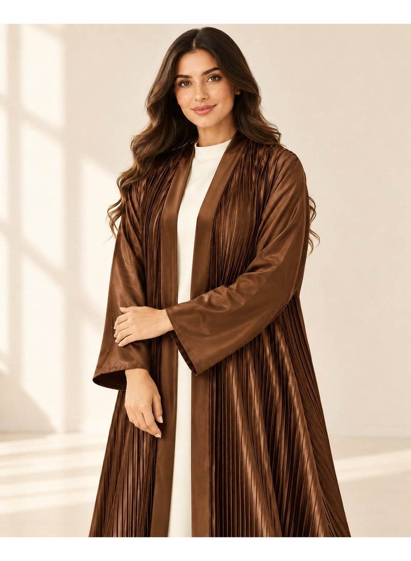 KAVALEE Women's Brown Pleated Satin Open Abaya with Front Band - Image 3