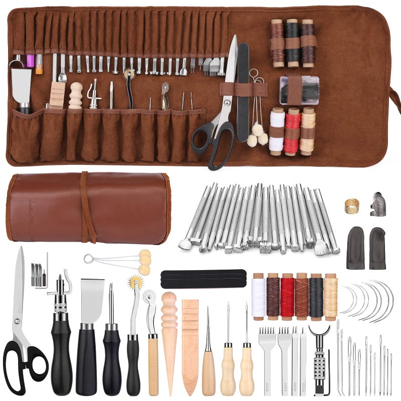 Leather Working Kit Leather Tool Kit Leather Craft Kits with Carving Stamping  Sewing Tools and Custom Storage Bag for Cutting Punching