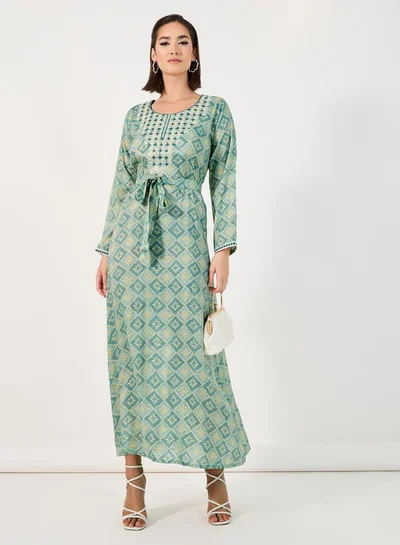Styli Styli All-Over Print Embroidered Jalabiya with Waist Tie Detail