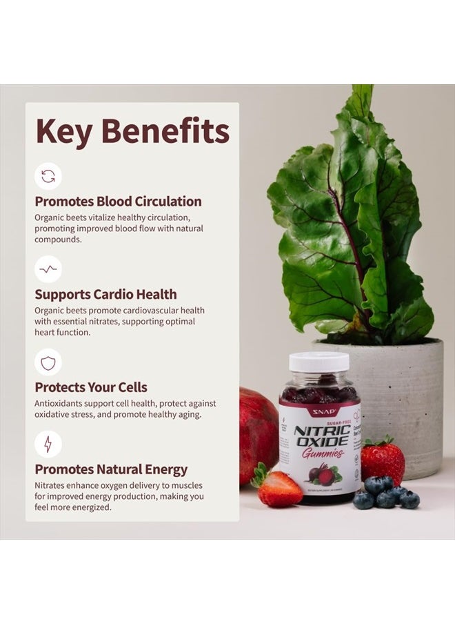 SNAP SUPPLEMENTS Sugar Free Nitric Oxide Beet Root Gummies - Heart Health, Energy Boost, Circulation, Beet Root Chewables, Beetroot Nitric Oxide Booster, 60 Gummies  - Image 4