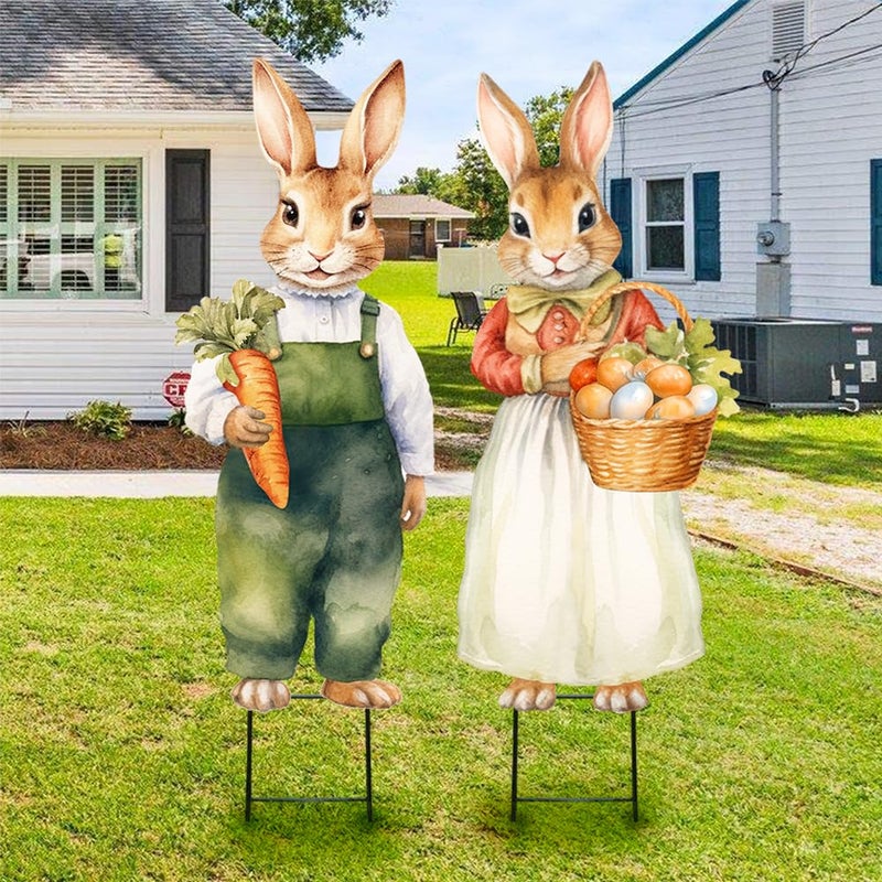 Bunny Chorus Easter Decorations Outdoor Yard Signs: 2pcs Large Metal Vintage Bunny with Carrot Eggs, Farmhouse Rustic Yard Decoration with Stakes, Lawn Garden Decor for Kids Family Home Outside Spring Easter Party - Image 1