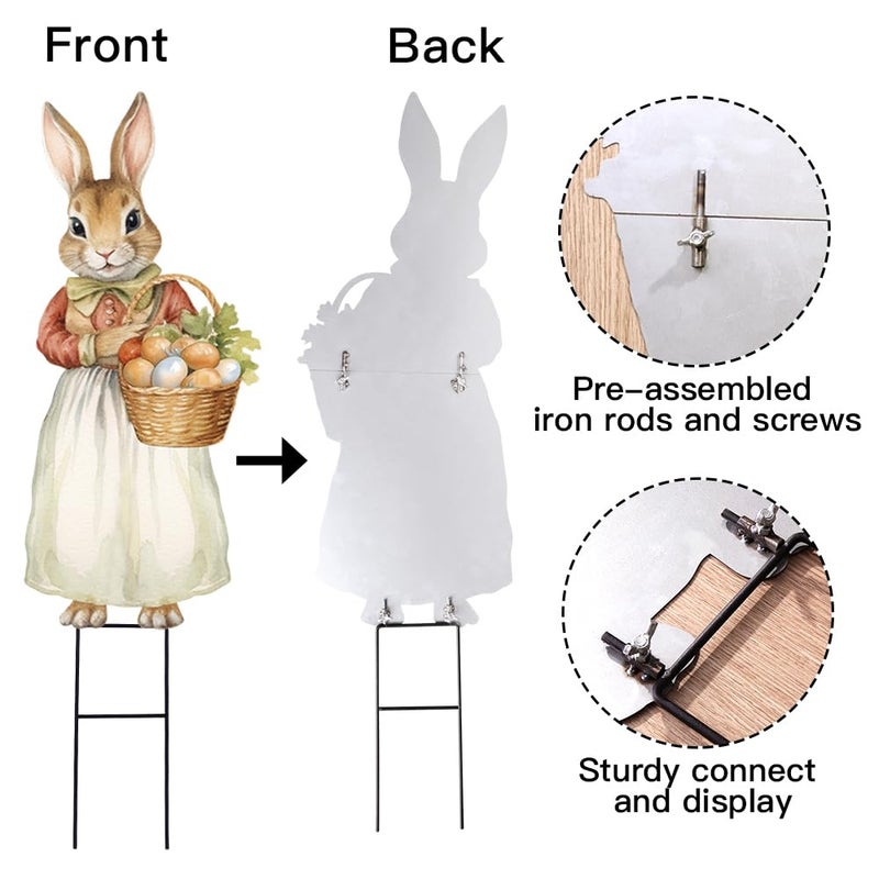 Bunny Chorus Easter Decorations Outdoor Yard Signs: 2pcs Large Metal Vintage Bunny with Carrot Eggs, Farmhouse Rustic Yard Decoration with Stakes, Lawn Garden Decor for Kids Family Home Outside Spring Easter Party - Image 3