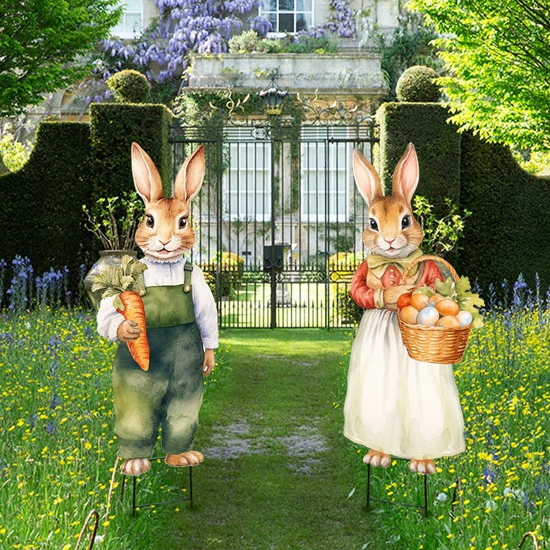 Bunny Chorus Easter Decorations Outdoor Yard Signs: 2pcs Large Metal Vintage Bunny with Carrot Eggs, Farmhouse Rustic Yard Decoration with Stakes, Lawn Garden Decor for Kids Family Home Outside Spring Easter Party - Image 4