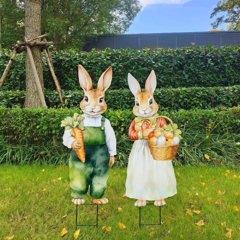 Bunny Chorus Easter Decorations Outdoor Yard Signs: 2pcs Large Metal Vintage Bunny with Carrot Eggs, Farmhouse Rustic Yard Decoration with Stakes, Lawn Garden Decor for Kids Family Home Outside Spring Easter Party - Image 5