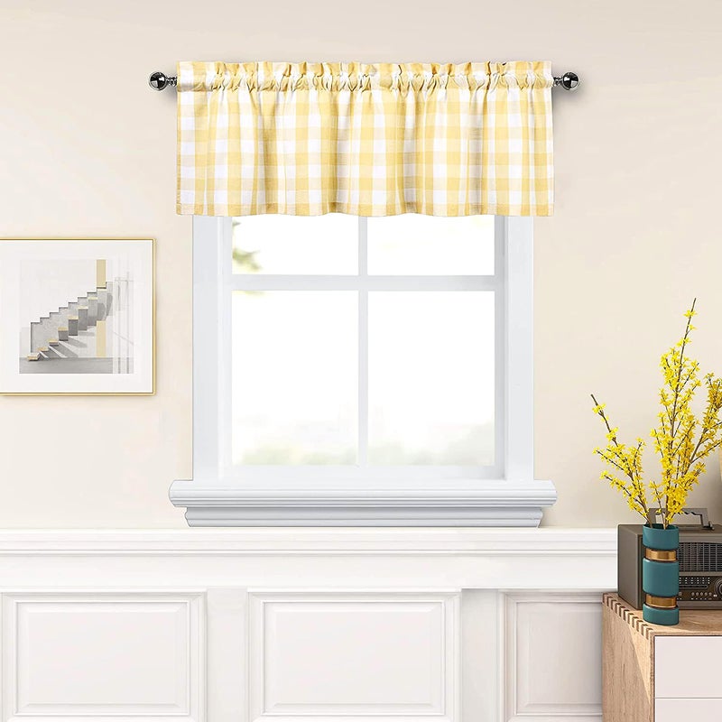 Amzdecor Yellow White Buffalo Plaid Valance Linen Sheer Cafe Curtain Buffalo Check Plaid Rod Pocket Rustic Farmhouse Kitchen Window Treatment for Living Room Bedroom1 Panel55x15Yellow and White