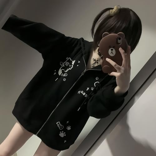 Dynict Womens Y2K Zip Up Cute Graphic Hoodies Cat Ears Casual Cartoon Harajuku Kawaii Clothes Oversize Streetwear Jacket (US, Alpha, Small, Regular, Regular, Black) - Image 5