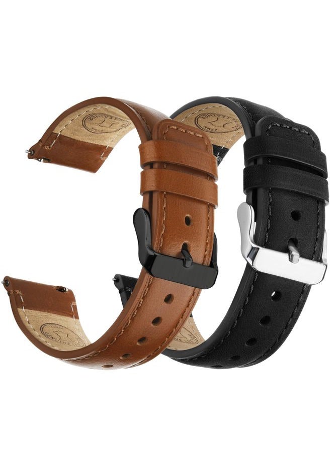 Fullmosa 2 Pack 22mm Leather Watch Bands Quick Release Watch Strap for Men Women, Soft Replacement Strap Wristband with Stainless Steel Buckle,22mm Toffee Brown&Black/Black&Silver - Image 1