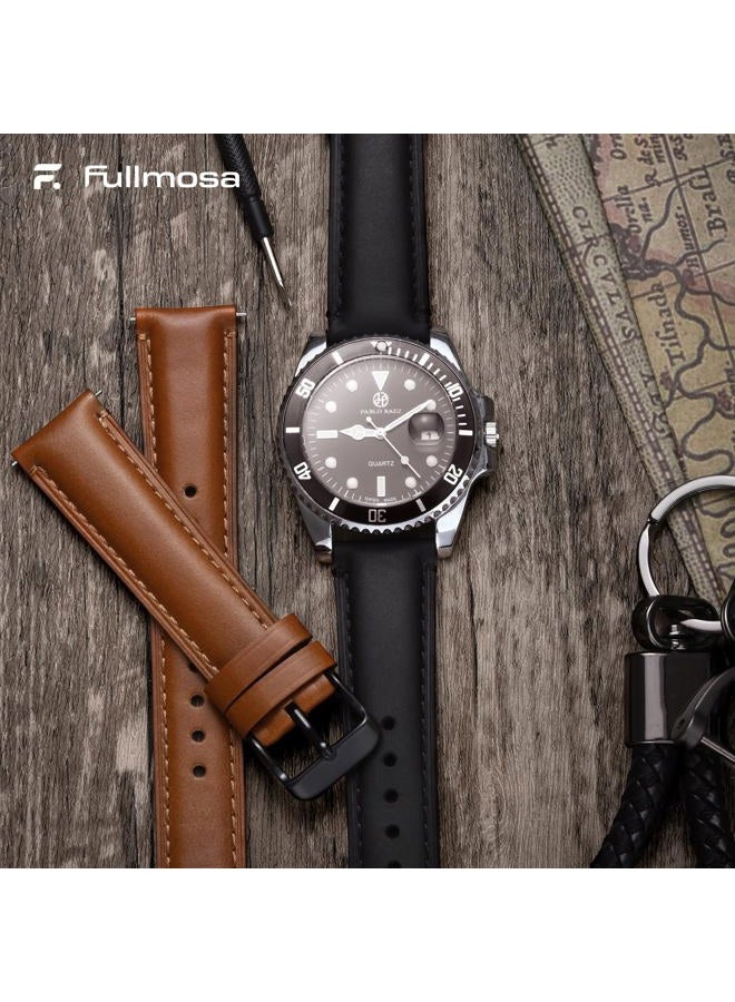 Fullmosa 2 Pack 22mm Leather Watch Bands Quick Release Watch Strap for Men Women, Soft Replacement Strap Wristband with Stainless Steel Buckle,22mm Toffee Brown&Black/Black&Silver - Image 2