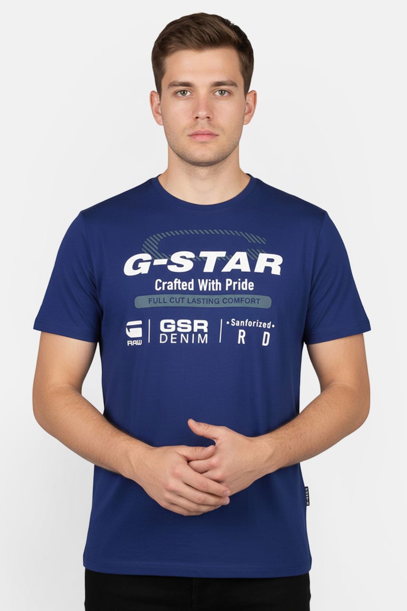 G-Star RAW Men Round Neck Short Sleeve Brand Logo T-Shirt, Blue - Image 1