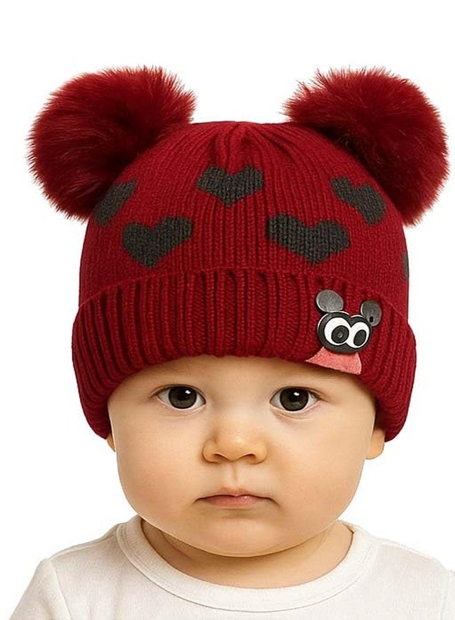 KETKAR Knitted Woolen Winter Beanie Hat for Babies | Warm Fur-Lined Cap with Pom-Pom | Soft Topi for Infants & Toddlers (3-12 Months)_Red - Image 1