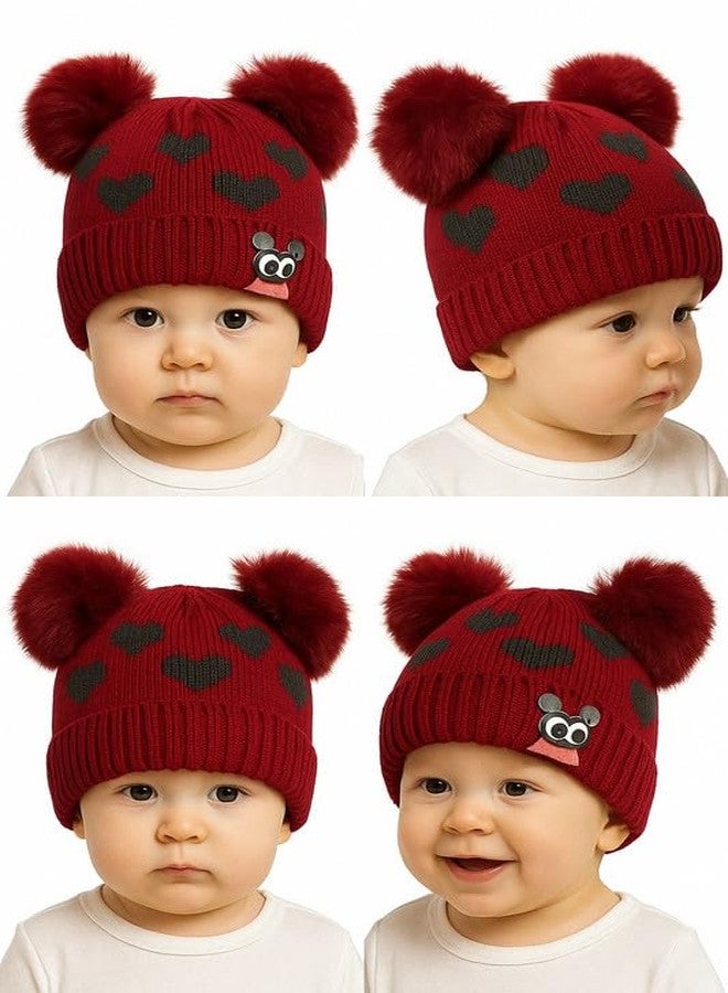 KETKAR Knitted Woolen Winter Beanie Hat for Babies | Warm Fur-Lined Cap with Pom-Pom | Soft Topi for Infants & Toddlers (3-12 Months)_Red - Image 5