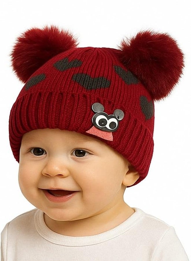 KETKAR Knitted Woolen Winter Beanie Hat for Babies | Warm Fur-Lined Cap with Pom-Pom | Soft Topi for Infants & Toddlers (3-12 Months)_Red - Image 3