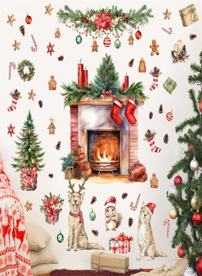 HATARU Christmas Wall Decals Merry Christmas Wall Stickers Fireplace Stickers Christmas Pine Tree Decals for Wall Removable Winter Animals Walls Art Decor for Xmas Party Supplies Living Room Home - Image 2
