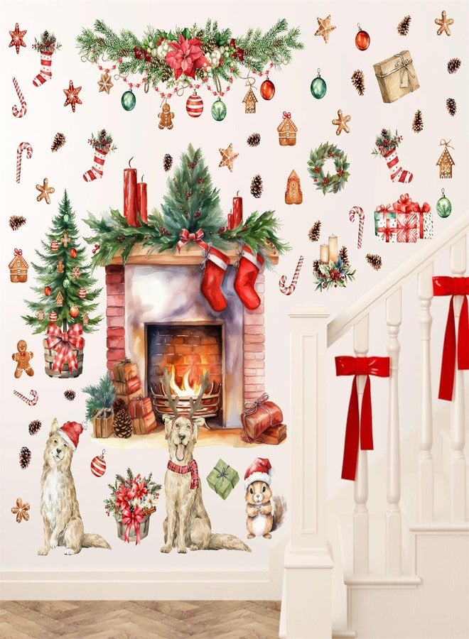 HATARU Christmas Wall Decals Merry Christmas Wall Stickers Fireplace Stickers Christmas Pine Tree Decals for Wall Removable Winter Animals Walls Art Decor for Xmas Party Supplies Living Room Home - Image 5
