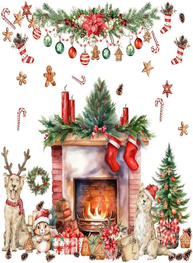 HATARU Christmas Wall Decals Merry Christmas Wall Stickers Fireplace Stickers Christmas Pine Tree Decals for Wall Removable Winter Animals Walls Art Decor for Xmas Party Supplies Living Room Home - Image 1