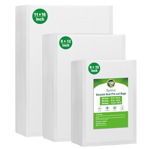 Syntus Vacuum Sealer Bags 150 Gallon 11 x 16 and Quart 8 x 12 and Pint 6 x 10 Commercial Grade PreCut Bag BPA Free Food Vac Bags for Storage Meal Prep or Sous Vide
