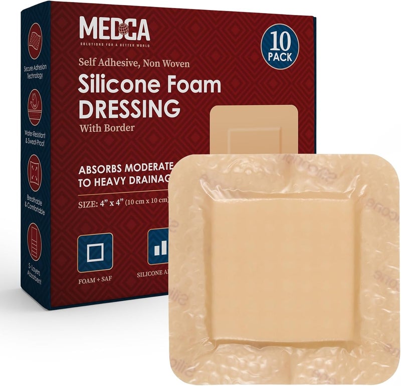 MEDca Silicone Foam Dressing w/Adhesive Border 4"x4" (Pack of 10) Waterproof Silicone Bandages for Wounds, Highly-Absorbent Wound Dressing Bandage Care for Bed Sore Bandages, Pressure Sores, Ulcers