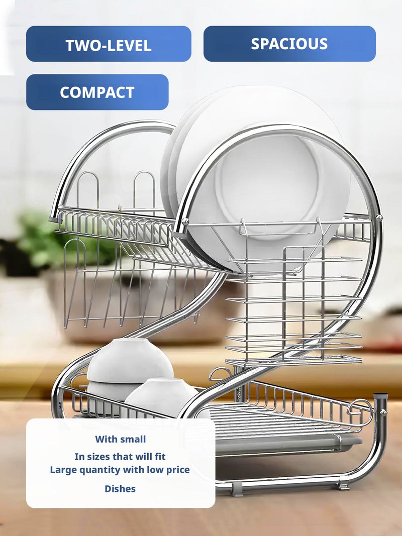 Tabletop Dish Rack with Tray, Removable Cutlery Basket and Cup Hooks, Stainless Steel, 2 Tiers, Chrome - Image 4