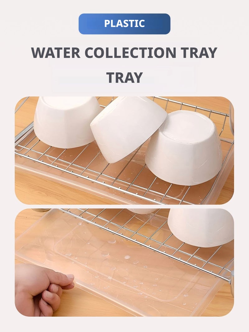 Tabletop Dish Rack with Tray, Removable Cutlery Basket and Cup Hooks, Stainless Steel, 2 Tiers, Chrome - Image 2