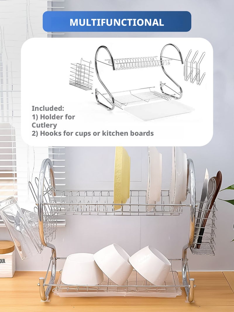 Tabletop Dish Rack with Tray, Removable Cutlery Basket and Cup Hooks, Stainless Steel, 2 Tiers, Chrome - Image 3