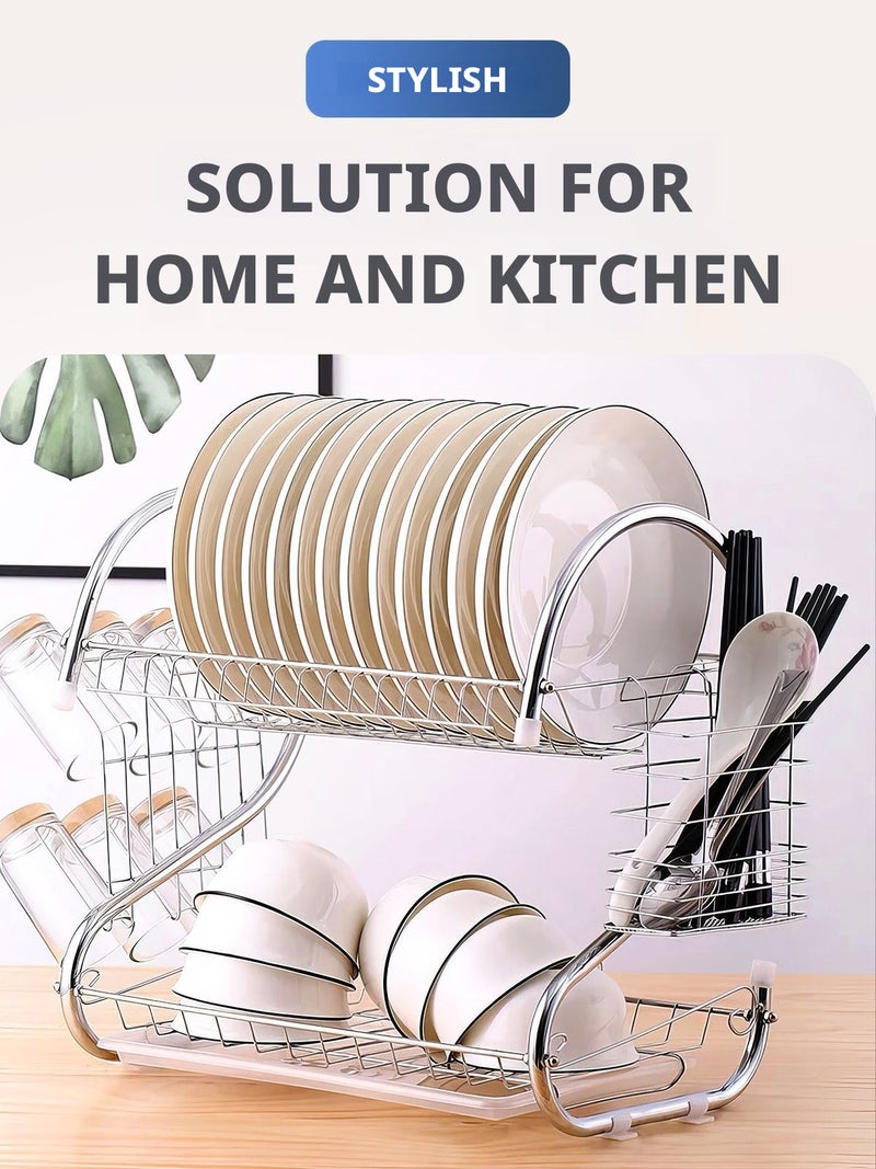 Tabletop Dish Rack with Tray, Removable Cutlery Basket and Cup Hooks, Stainless Steel, 2 Tiers, Chrome - Image 5