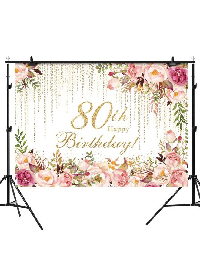 Rsuuinu Happy 80th Birthday Backdrop for Women Flowers Photography Background 80th Birthday Floral Birthday Party Decorations Supplies Favors Cake Table Banner Photo Booth Studio Props 7x5ft - Image 2