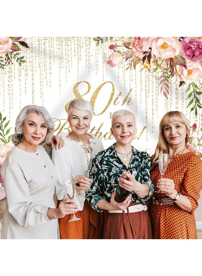 Rsuuinu Happy 80th Birthday Backdrop for Women Flowers Photography Background 80th Birthday Floral Birthday Party Decorations Supplies Favors Cake Table Banner Photo Booth Studio Props 7x5ft - Image 3