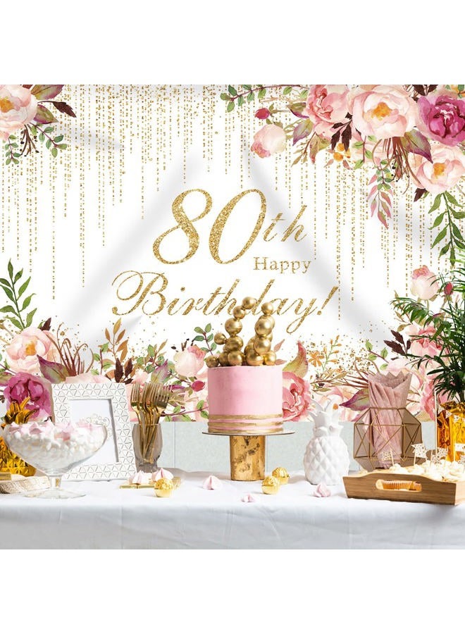 Rsuuinu Happy 80th Birthday Backdrop for Women Flowers Photography Background 80th Birthday Floral Birthday Party Decorations Supplies Favors Cake Table Banner Photo Booth Studio Props 7x5ft - Image 4