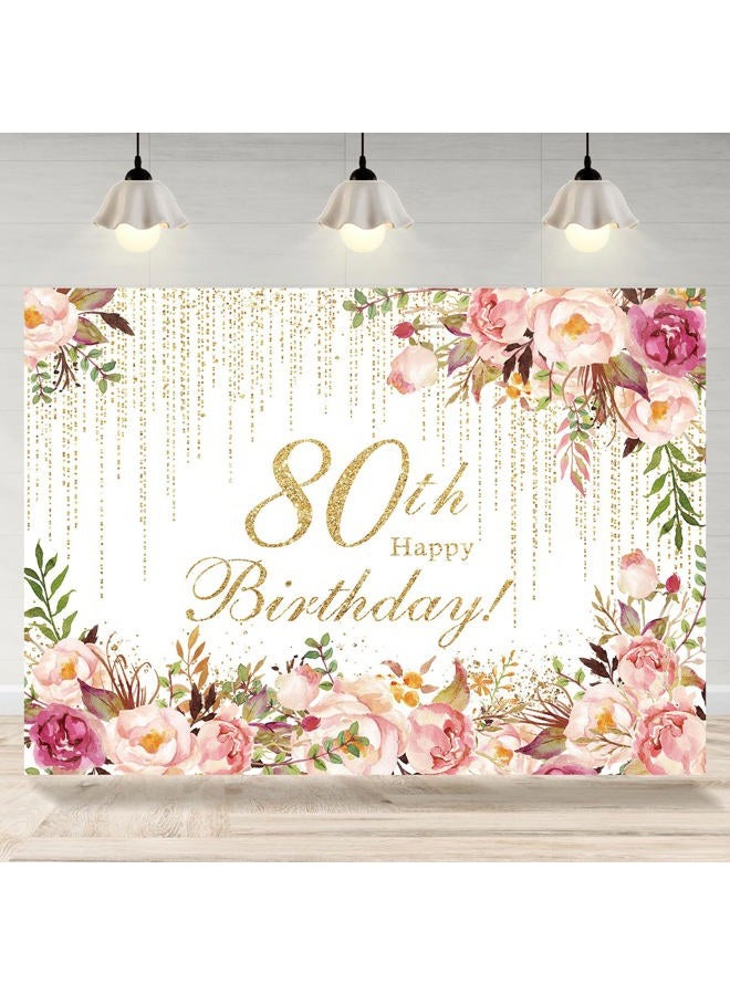 Rsuuinu Happy 80th Birthday Backdrop for Women Flowers Photography Background 80th Birthday Floral Birthday Party Decorations Supplies Favors Cake Table Banner Photo Booth Studio Props 7x5ft - Image 1