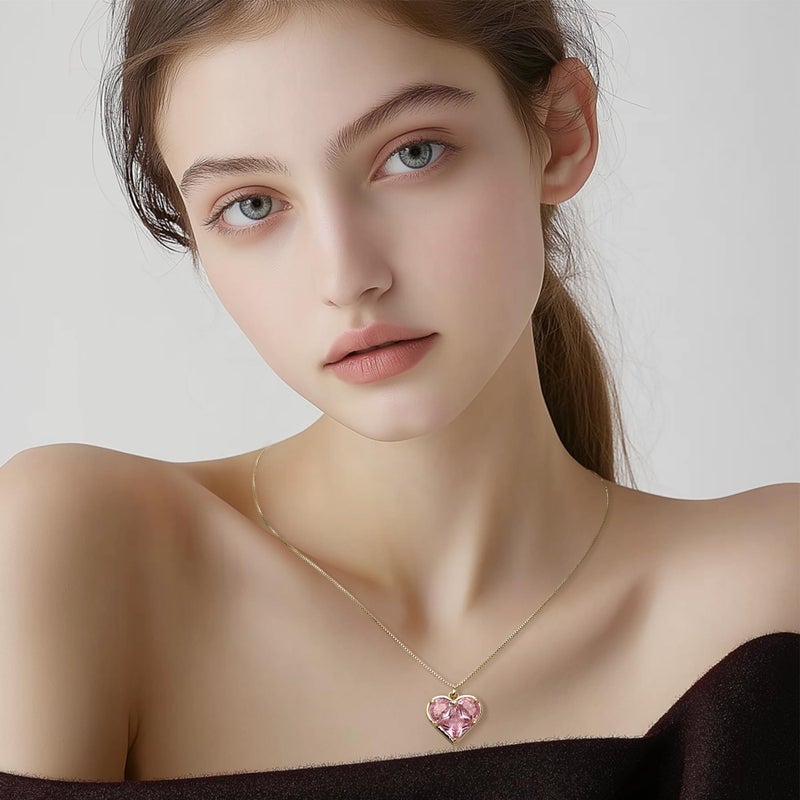 Sonateomber Pink Heart Pendant Necklace for Women Gold Dainty Chain Cute Red Crystal Rhinestone Love Heart Dangle Necklaces Wedding Valentines Prom Jewelry Gift for Mother Her - Image 2