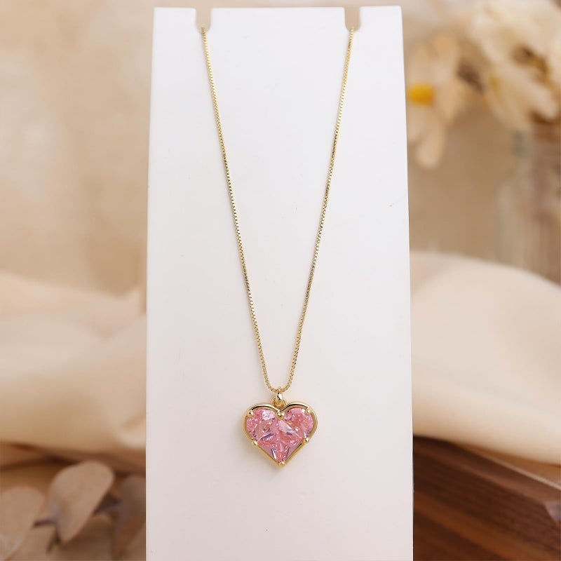 Sonateomber Pink Heart Pendant Necklace for Women Gold Dainty Chain Cute Red Crystal Rhinestone Love Heart Dangle Necklaces Wedding Valentines Prom Jewelry Gift for Mother Her - Image 4