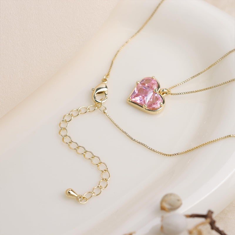 Sonateomber Pink Heart Pendant Necklace for Women Gold Dainty Chain Cute Red Crystal Rhinestone Love Heart Dangle Necklaces Wedding Valentines Prom Jewelry Gift for Mother Her - Image 5