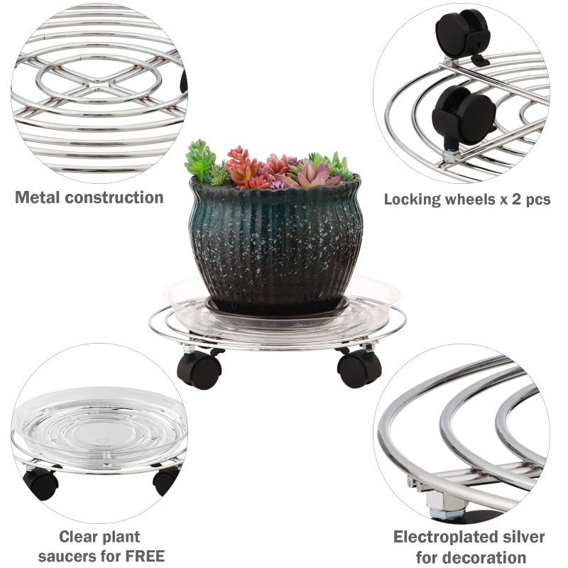 Planterhoma 3 Packs Metal Plant Caddy 13.8â€ Plant Dolly with Wheels Heavy-duty Wrought Iron Rolling Plant Stand with Casters Indoor and Outdoor Plant Pot Roller Base Plant Mover Saucers, Bright Silver - Image 2