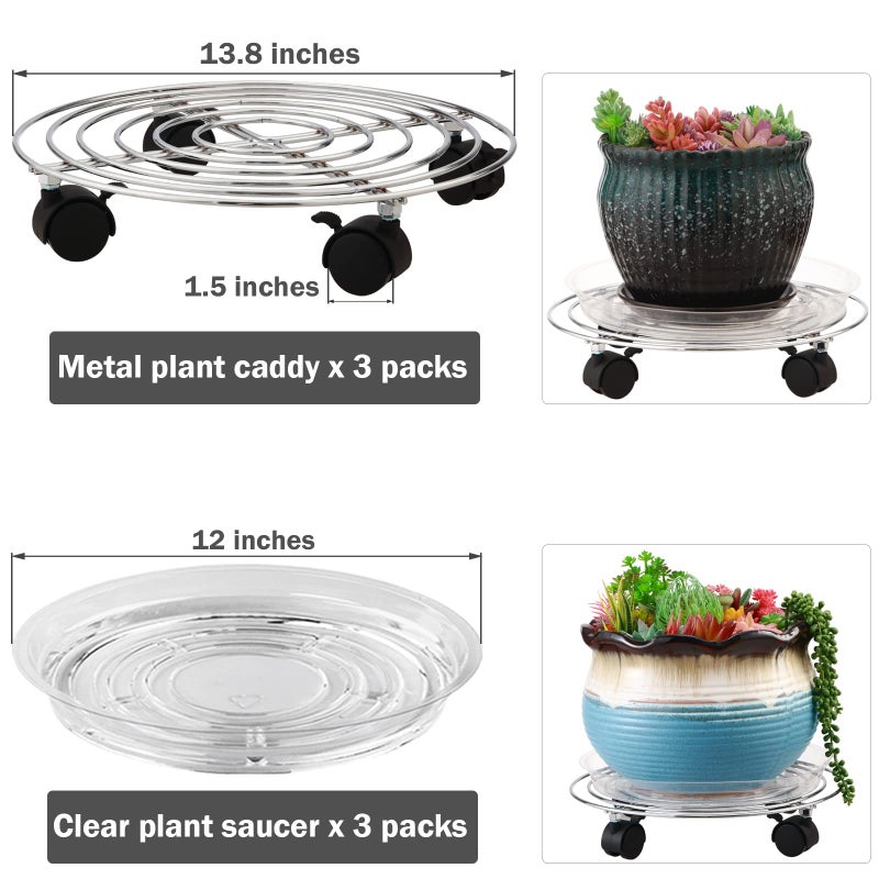 Planterhoma 3 Packs Metal Plant Caddy 13.8â€ Plant Dolly with Wheels Heavy-duty Wrought Iron Rolling Plant Stand with Casters Indoor and Outdoor Plant Pot Roller Base Plant Mover Saucers, Bright Silver - Image 3